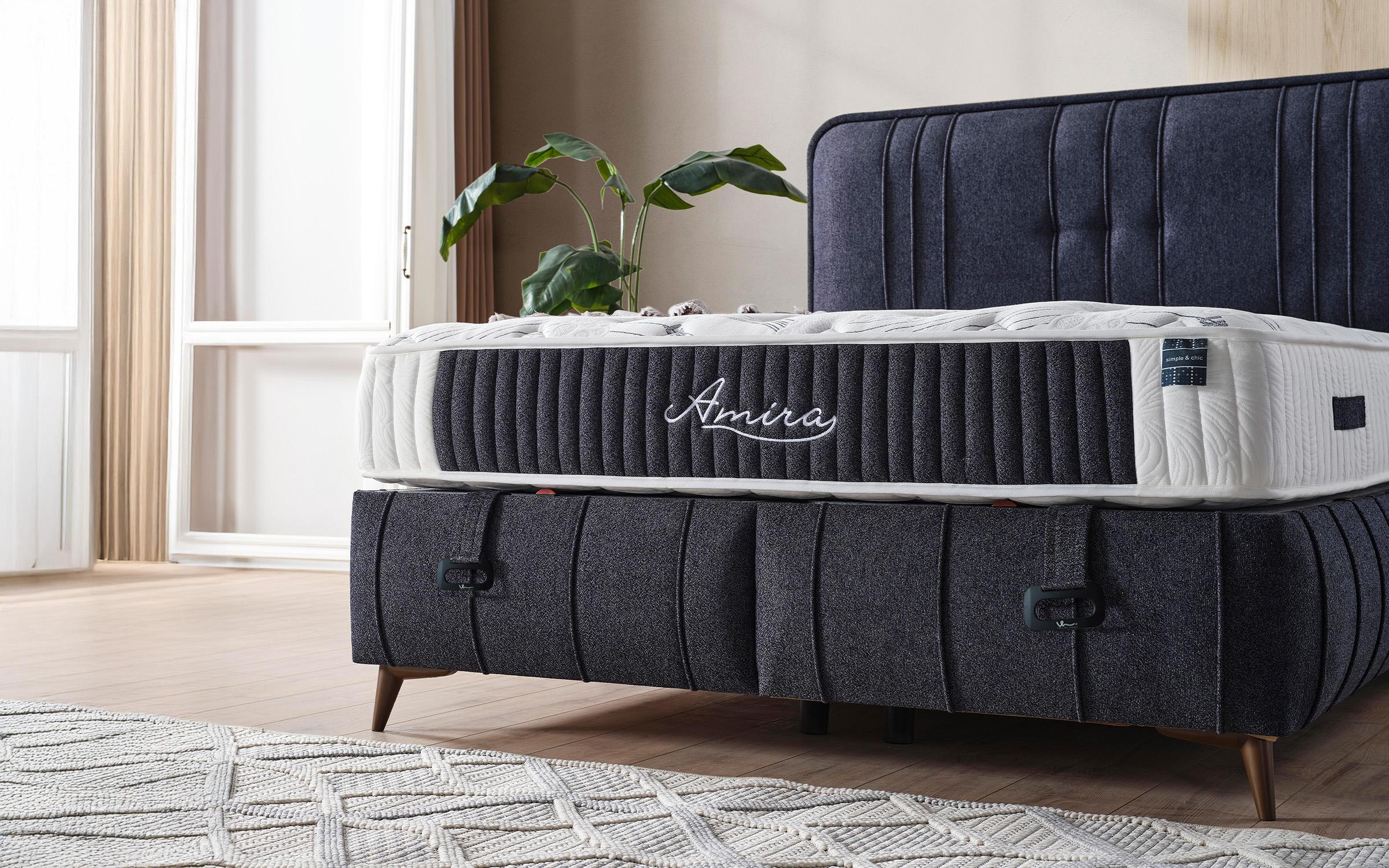 Pat dublu Boxspring 160/200 Amira + saltea, albastru inchis  4